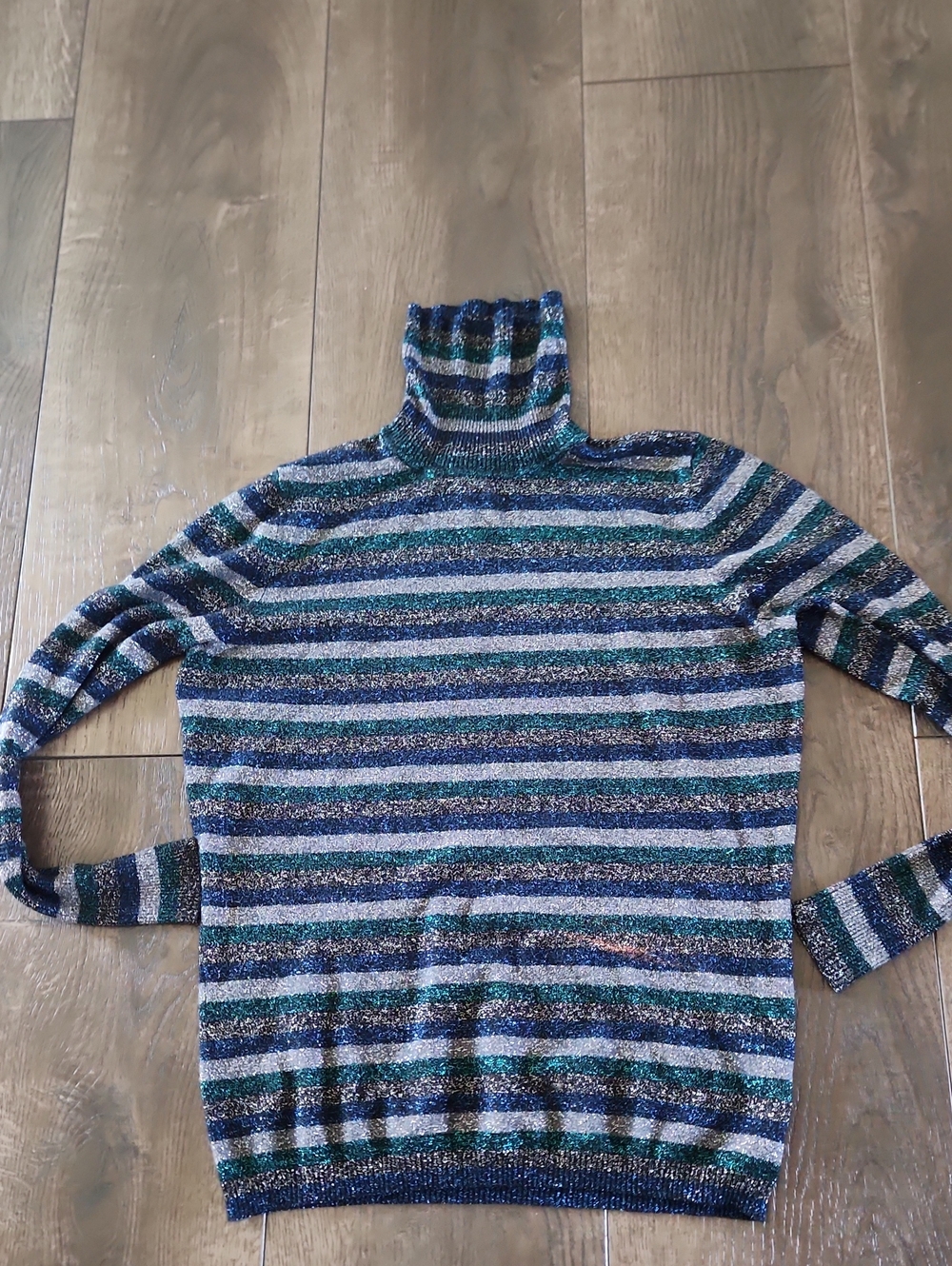 Worthington Rayon Metallic Striped Sweater Top Women's L Navy Silver Turtleneck